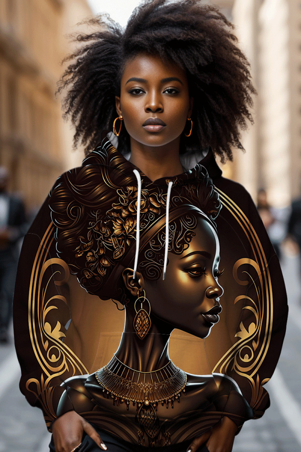 Dark Brown African Figure Print Draw String Street Fall Winter Hooded Sweatshirt