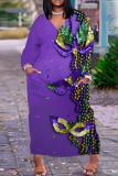 Green Mask Graffiti Print V Neck Long Sleeve Ankle Length Casual Outing Plus Size Straight Loose Maxi Dress