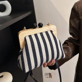 Blue Casual Striped Canvas Wooden Clutch Handbags
