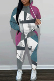 Multicolor Graphics Print Long Sleeve Hooded Sweatshirt And Draw String Pocket Skinny Pants Casual Sportwear Two Pieces Trouser Sets