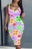 Light Purple Plaid Four Leaf Clover Graffiti Print U Neck Sleeveless Vacation Casual Bodycon Midi Tank Dress