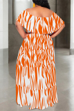 Orange Geometric Print Off Shoulder Flutter Sleeve Casual Plus Size Loose Vacation Maxi Dresses