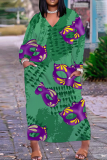 Green Mask Graffiti Print V Neck Long Sleeve Ankle Length Casual Outing Plus Size Straight Loose Maxi Dress