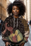 Khaki African Figure Print Draw String Street Fall Winter Hooded Sweatshirt