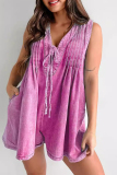 Casual V Neck Sleeveless Loose Pocket Lace Up Vacation Pleated Loose Denim Jumpsuits