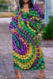 Green Mask Graffiti Print V Neck Long Sleeve Ankle Length Casual Outing Plus Size Straight Loose Maxi Dress
