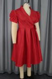 Red 3D Flower Decor V Neck Short Sleeve Belted Formal Evening Party Prom Wedding Guest A Line Pleated Midi Dress
