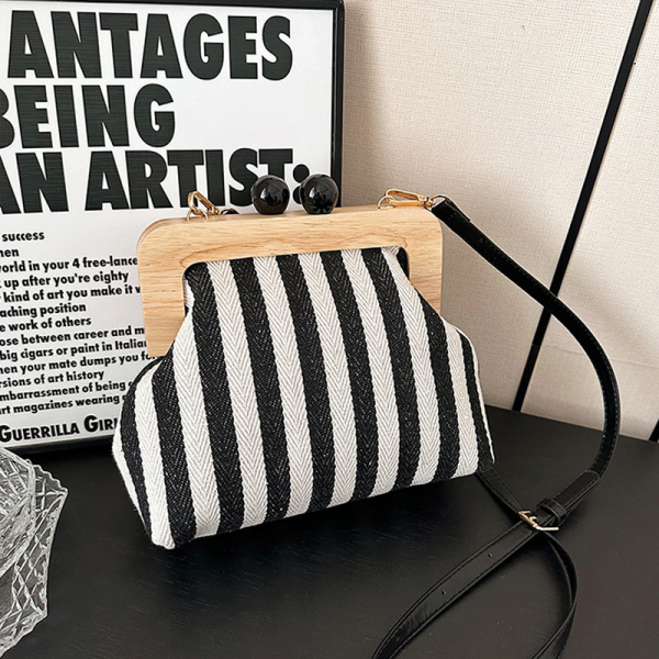 Blue Casual Striped Canvas Wooden Clutch Handbags