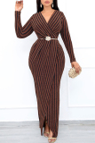 Rose Gold Stripe Print V Neck Long Sleeve Formal Evening Party Prom Bodycon Maxi Dresses