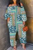 Light Khaki Casual Graphics Print Off Shoulder Long Sleeve Vacation Harem Leg Jumpsuits