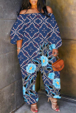 Light Khaki Casual Graphics Print Off Shoulder Long Sleeve Vacation Harem Leg Jumpsuits