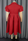 Red 3D Flower Decor V Neck Short Sleeve Belted Formal Evening Party Prom Wedding Guest A Line Pleated Midi Dress