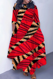Red Graphics Print O Neck 3/4 Sleeve Belted Pockets Long Vacation Casual Pleated A Line Maxi Dresses