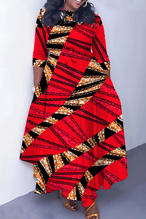Red Graphics Print O Neck 3/4 Sleeve Belted Pockets Long Vacation Casual Pleated A Line Maxi Dresses