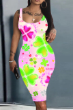 Light Purple Plaid Four Leaf Clover Graffiti Print U Neck Sleeveless Vacation Casual Bodycon Midi Tank Dress