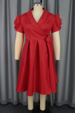 Red 3D Flower Decor V Neck Short Sleeve Belted Formal Evening Party Prom Wedding Guest A Line Pleated Midi Dress