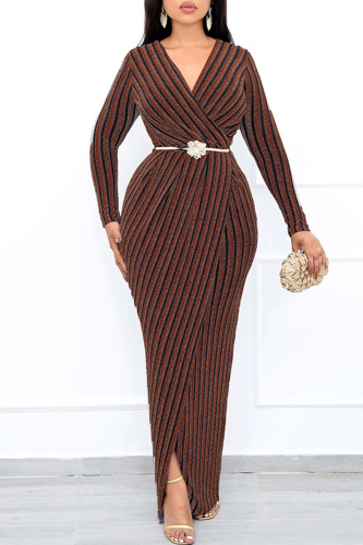 Rose Gold Stripe Print V Neck Long Sleeve Formal Evening Party Prom Bodycon Maxi Dresses