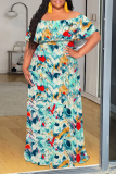 Orange Geometric Print Off Shoulder Flutter Sleeve Casual Plus Size Loose Vacation Maxi Dresses