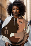 Khaki African Figure Print Draw String Street Fall Winter Hooded Sweatshirt