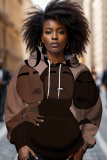 Khaki African Figure Print Draw String Street Fall Winter Hooded Sweatshirt