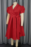 Red 3D Flower Decor V Neck Short Sleeve Belted Formal Evening Party Prom Wedding Guest A Line Pleated Midi Dress