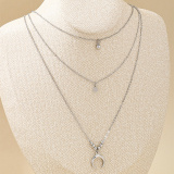 Silver Tassel Crescent Moon Pendant Layered Necklace