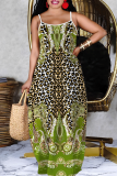 Gold Boho Graphics Print Sleeveless Backless Floor Length Vacation Baggy Plus Size Sundress Slip Maxi Dress