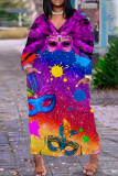 Green Mask Graffiti Print V Neck Long Sleeve Ankle Length Casual Outing Plus Size Straight Loose Maxi Dress