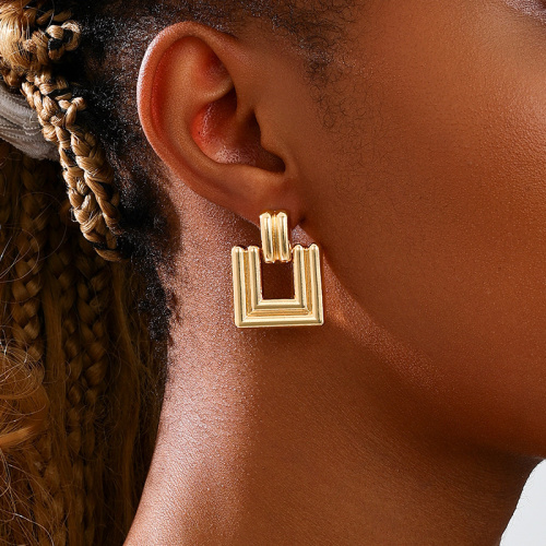 Gold Geometric Square Stripe Earrings
