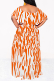 Orange Geometric Print Off Shoulder Flutter Sleeve Casual Plus Size Loose Vacation Maxi Dresses