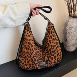 Black Large Leopard Print Velvet Shoulder Bag