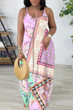 Purple Graphics Print Sleeveless Backless Floor Length Vacation Baggy Plus Size Sundress Slip Maxi Dress