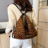 Black Large Leopard Print Velvet Shoulder Bag