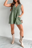 Casual V Neck Sleeveless Loose Pocket Lace Up Vacation Pleated Loose Denim Jumpsuits