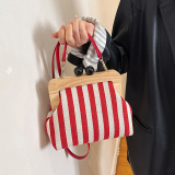 Blue Casual Striped Canvas Wooden Clutch Handbags