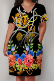 Dark Blue Chain Animal Print V Neck Short Sleeve Plus Size T-shirt Midi Dresses