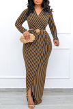 Rose Gold Stripe Print V Neck Long Sleeve Formal Evening Party Prom Bodycon Maxi Dresses