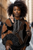 Khaki African Figure Print Draw String Street Fall Winter Hooded Sweatshirt