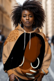 Khaki African Figure Print Draw String Street Fall Winter Hooded Sweatshirt