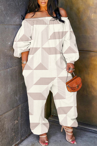 Light Khaki Casual Graphics Print Off Shoulder Long Sleeve Vacation Harem Leg Jumpsuits