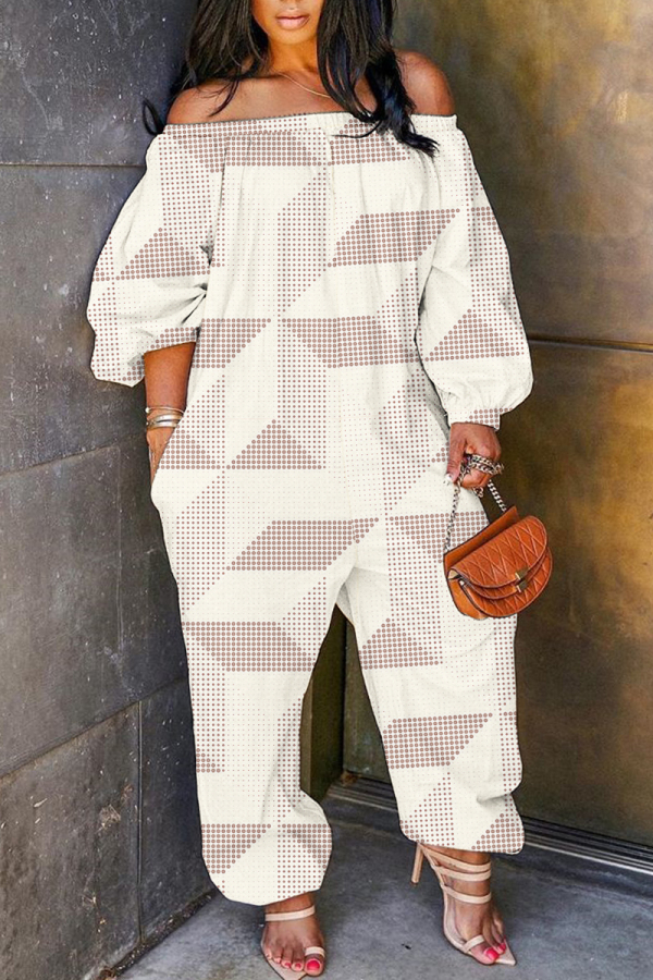 Light Khaki Casual Graphics Print Off Shoulder Long Sleeve Vacation Harem Leg Jumpsuits