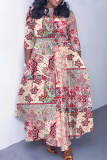 Red Graphics Print O Neck 3/4 Sleeve Belted Pockets Long Vacation Casual Pleated A Line Maxi Dresses