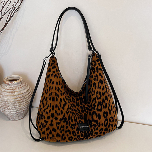 Black Large Leopard Print Velvet Shoulder Bag