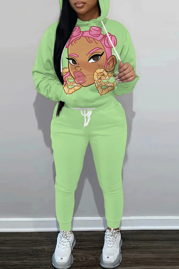 Green Figure Print Long Sleeve Hooded Sweatshirt And Draw String Pocket Skinny Pants Casual Sportwear Two Pieces Trouser Sets