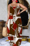 Gold Boho Graphics Print Sleeveless Backless Floor Length Vacation Baggy Plus Size Sundress Slip Maxi Dress