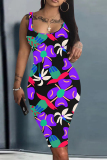 Light Purple Plaid Four Leaf Clover Graffiti Print U Neck Sleeveless Vacation Casual Bodycon Midi Tank Dress