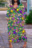 Green Mask Graffiti Print V Neck Long Sleeve Ankle Length Casual Outing Plus Size Straight Loose Maxi Dress