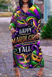 Green Mask Graffiti Print V Neck Long Sleeve Ankle Length Casual Outing Plus Size Straight Loose Maxi Dress