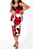 Red Floral Print Backless Sleeveless Formal Evening Party Prom Halter Bodycon Maxi Dresses