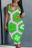 Light Purple Plaid Four Leaf Clover Graffiti Print U Neck Sleeveless Vacation Casual Bodycon Midi Tank Dress